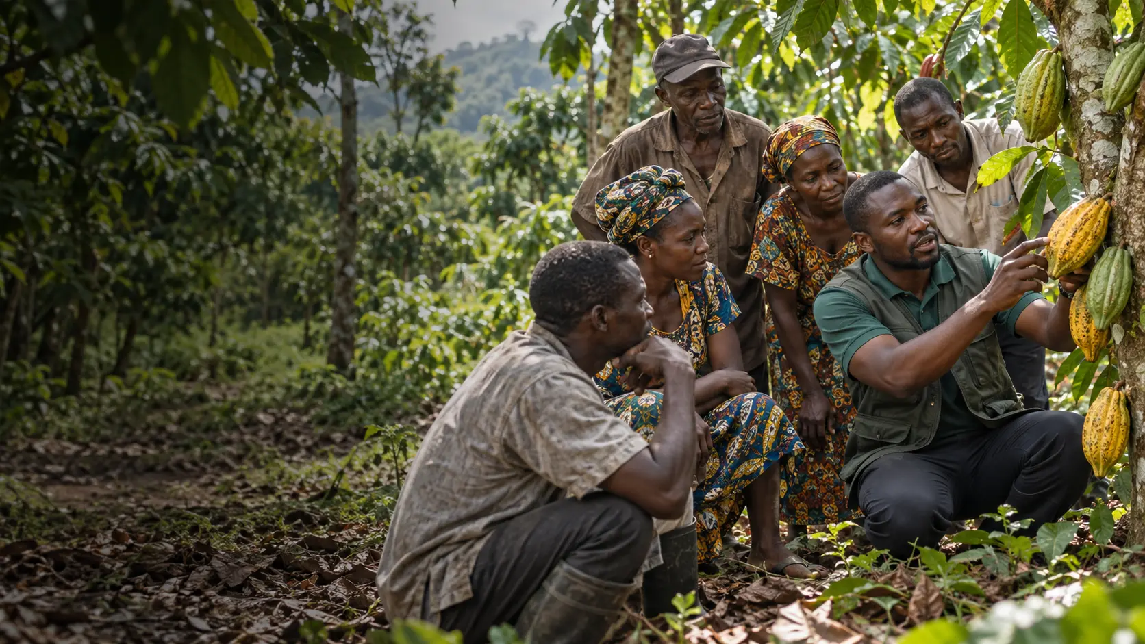Farmers participating in practical cocoa training