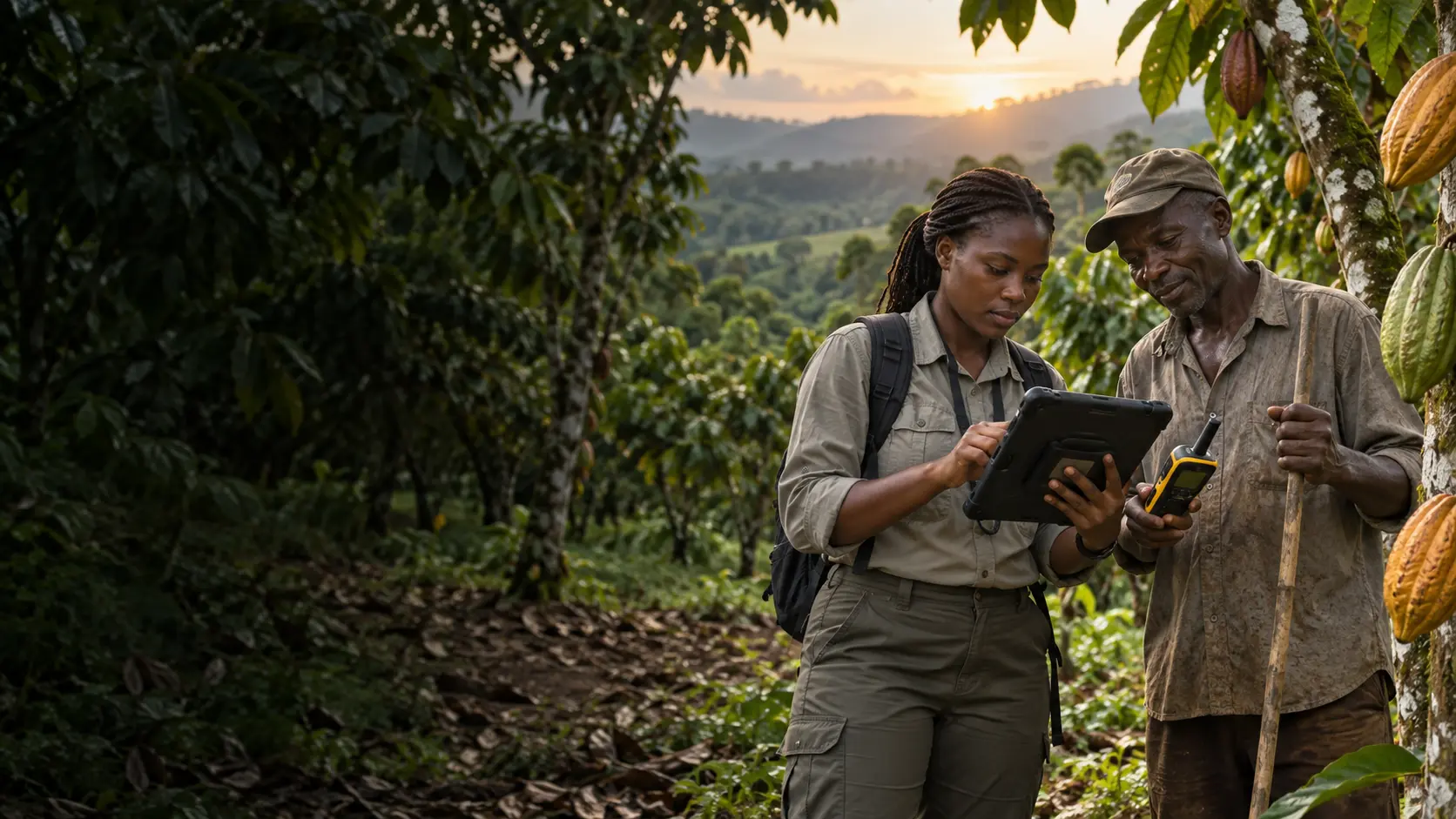 Field officer recording farm traceability data with a farmer